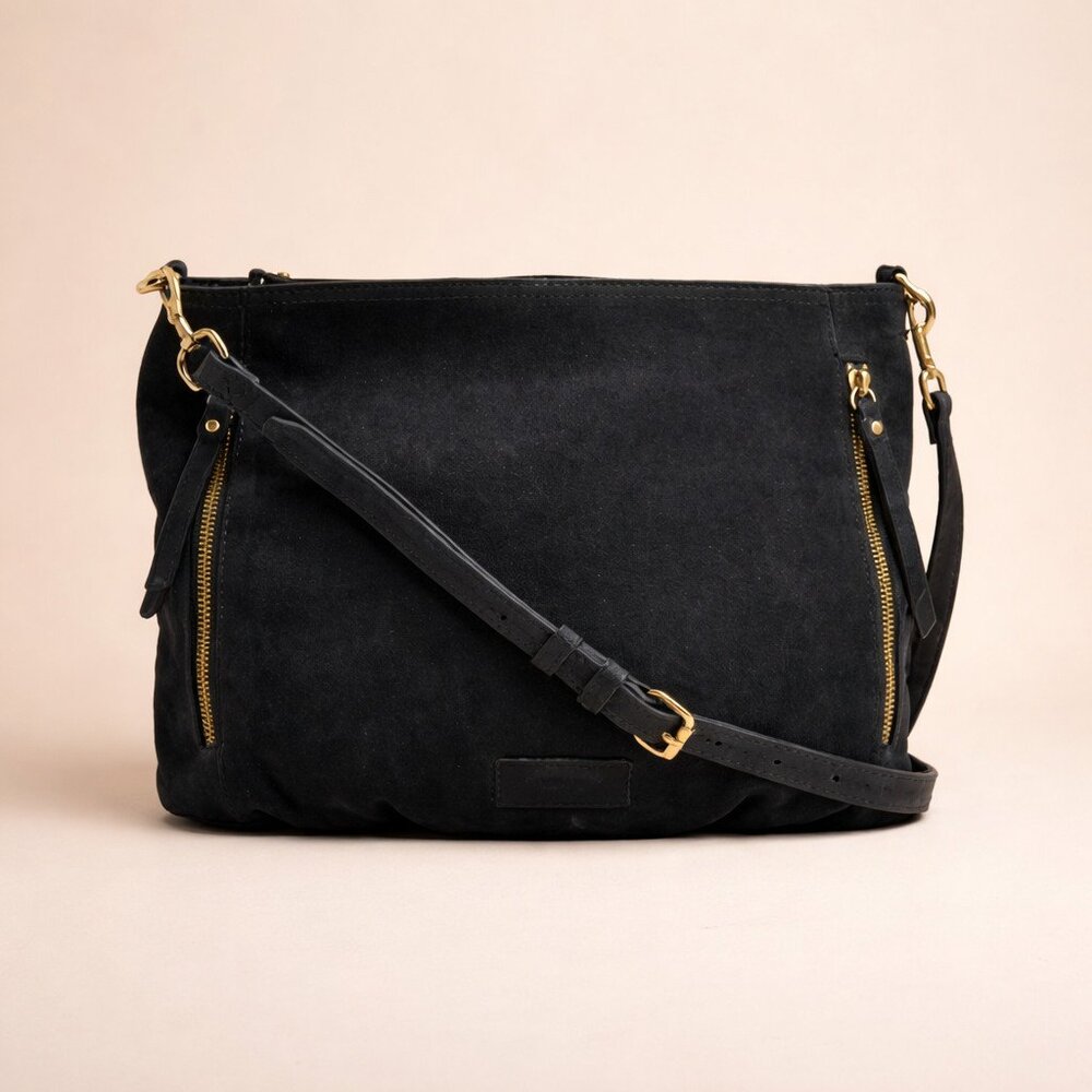 American Leather Co. Ella Black Nubuck Leather Crossbody Foldover Clutch Bag - Picture 4 of 8